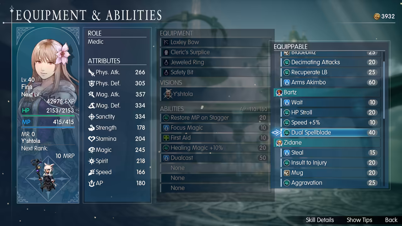 A menu titled Equipment and Abilities: a portrait of Fina, Lv. 40, role Medic, with attributes such as Phys. Atk. 266 and Mag. Atk. 357; equipment Loxley Bow, Cleric's Surplice, Jeweled Ring and Safety Bit; the Vision Y'shtola; abilities such as Restore MP on Stagger, Focus Magic, First Aid, Healing Magic +10% and Dualcast using 110 of 180 AP; and a list of equippable abilities under Bartz (Wait, HP Stroll, Speed +5%, Dual Spellblade) and Zidane (Steal, Insult to Injury, Mug, Aggravation).
