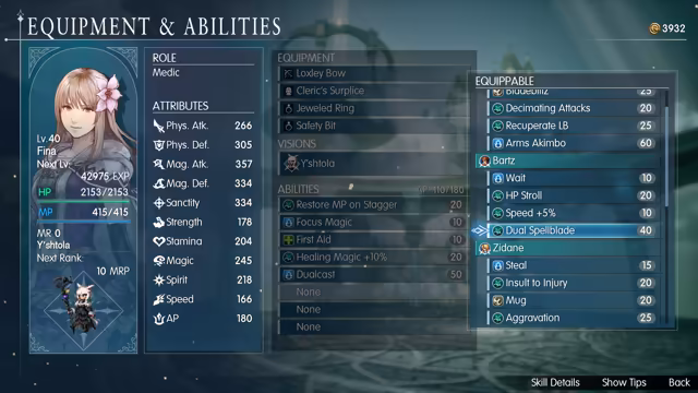 A menu titled Equipment and Abilities: a portrait of Fina, Lv. 40, role Medic, with attributes such as Phys. Atk. 266 and Mag. Atk. 357; equipment Loxley Bow, Cleric's Surplice, Jeweled Ring and Safety Bit; the Vision Y'shtola; abilities such as Restore MP on Stagger, Focus Magic, First Aid, Healing Magic +10% and Dualcast using 110 of 180 AP; and a list of equippable abilities under Bartz (Wait, HP Stroll, Speed +5%, Dual Spellblade) and Zidane (Steal, Insult to Injury, Mug, Aggravation).