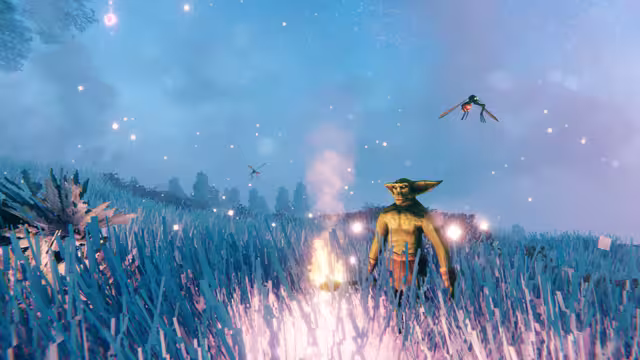 A green goblin-like fuling holding a burning torch stands waist-deep in pale blue frosted grass under falling snow, while two long-legged giant mosquitoes with red abdomens fly in the hazy sky above