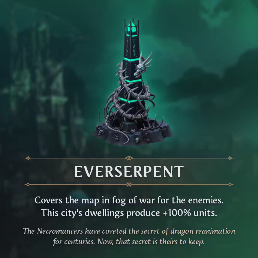 A square card on a misty green background of a gothic city. A black stone obelisk with glowing green runes and a green crystal top is coiled by the bones of a dragon. Below, the name Everserpent sits between gold lines above white effect text and a line of gold italic lore.