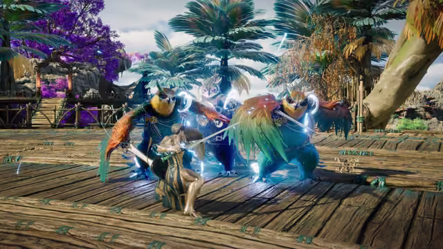 On a wooden boardwalk in a tropical village, a small armored figure with a glowing sword faces three much larger creatures with owl-like heads and green, orange and blue plumage who carry weapons wreathed in blue light; palms and a tree with purple blossom stand behind them.