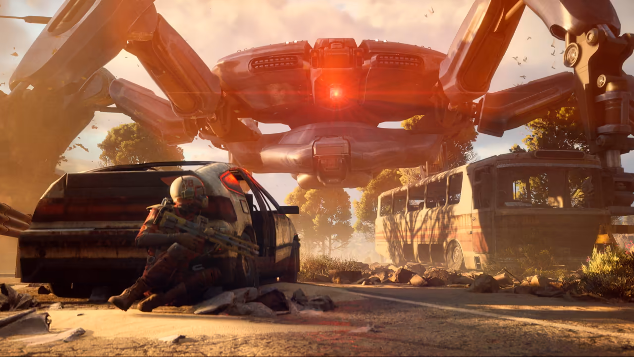 A long-legged machine straddles a sunlit road full of abandoned cars and a bus; a Raider takes cover beside a car in the foreground.