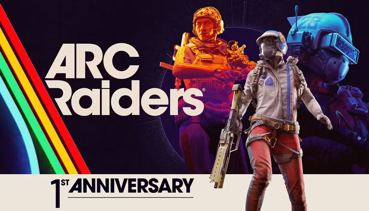 A Raider in a white jacket and red trousers holds a rifle in front of two Raiders drawn in orange and blue neon, on a dark background with the logo at left.