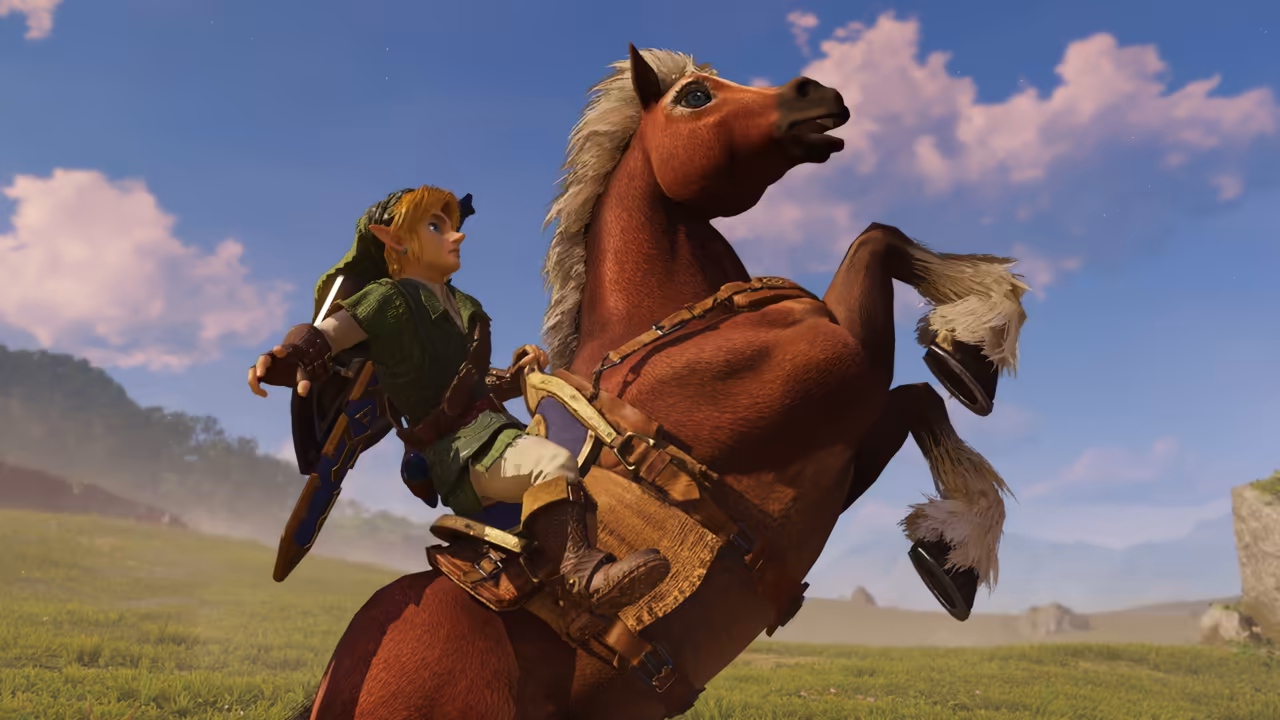 Seen from below, a young man in a green tunic and cap with a blue shield on his back sits on a rearing chestnut horse with a white mane, a leather saddle and harness, its front hooves raised. A grassy plain and low hills stretch away under a blue sky with pink-tinged clouds.