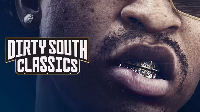 A grainy painted close-up of a man's lower face in deep blue shadow: a mustache, full lips parted over gold grills set with stones, a diamond stud in his ear and the gold rim of his sunglasses, with a white and gold badge at left reading Dirty South Classics.
