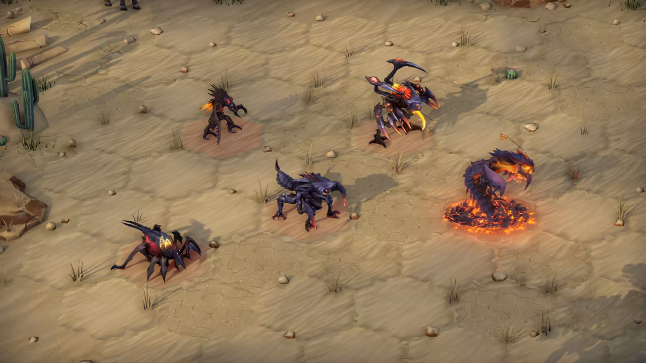 A pale desert battlefield of sand hexagons with cacti on the left. Five black and purple creatures with red and orange markings stand on reddish hexes: a spider at the bottom left, a mantis-like beast, a scorpion with raised pincers, a four-legged crawler and a centipede rising from a glowing lava patch.