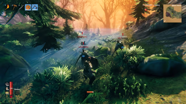 Over-the-shoulder view of a Viking carrying a round wooden shield walking through ferns toward three Greydwarfs with red health bars; the top right of the HUD shows icons labeled Bronze Pendant and Eikthyr 3:01 next to a Black Forest minimap.