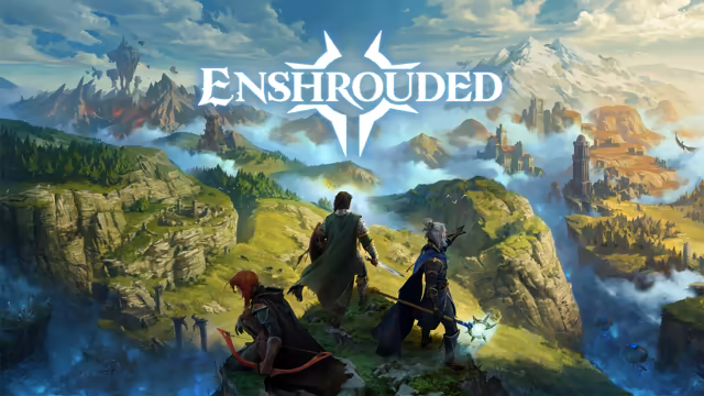 Painted key art. The white Enshrouded logo with a star-shaped emblem sits at the top. On a green cliff edge in the foreground three figures look out over a vast valley: a red-haired archer crouching with a bow, a figure in a long green cloak with a sword, and a white-haired figure in a blue robe holding a staff with a glowing blue tip. Below them clouds and mist fill valleys of forest and waterfalls, with stone towers, ruins, floating rock islands and snowy mountains in the distance.