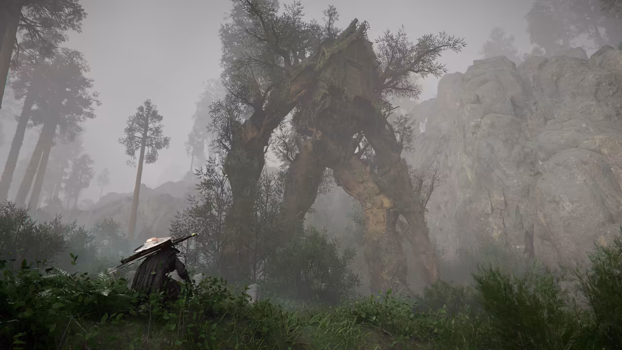 A gray, foggy forest of tall conifers. In the lower left a figure in a broad, flat straw hat and a dark coat crouches in the undergrowth, a long weapon across his back. Ahead, a gigantic old tree arches over the path like a pair of legs, a small wooden house built into its top, beside a rocky cliff.