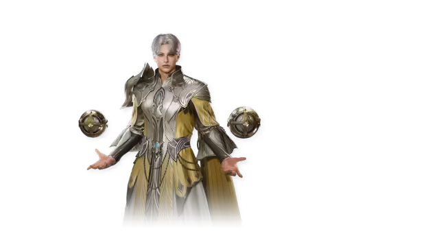 A young man with silver hair, in a long white, silver and yellow robe with chains and high pointed shoulders, holds his palms open at his sides as two round golden orbs with star-shaped centers hover beside his hands, on an empty background.
