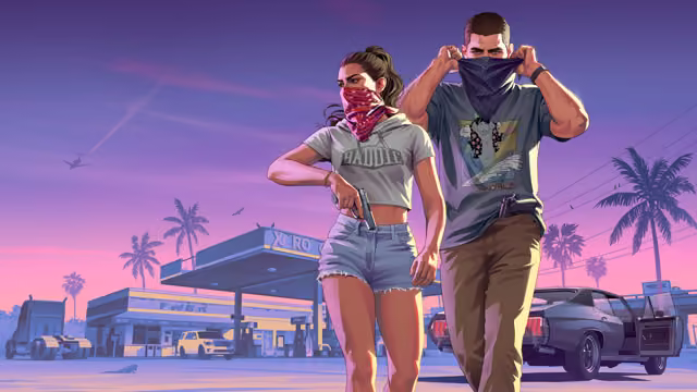 Illustration in soft purples and pinks: a woman in a cropped gray top and denim shorts and a man in a printed T-shirt pull red and dark bandanas up over their noses, a pistol in the woman's hand and another tucked in the man's belt, with a gas station, a muscle car with an open door, palm trees and power lines behind them.