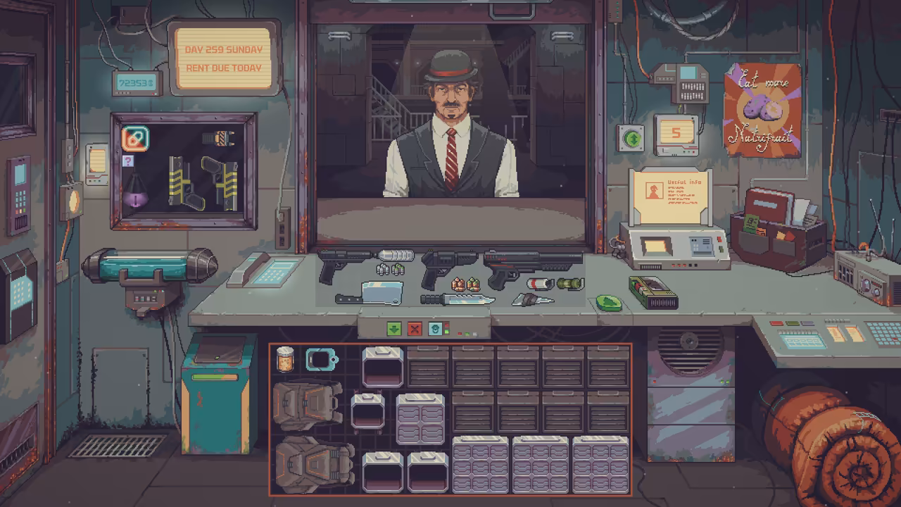 The shop counter with mostly empty display shelves and a well-dressed man at the window.