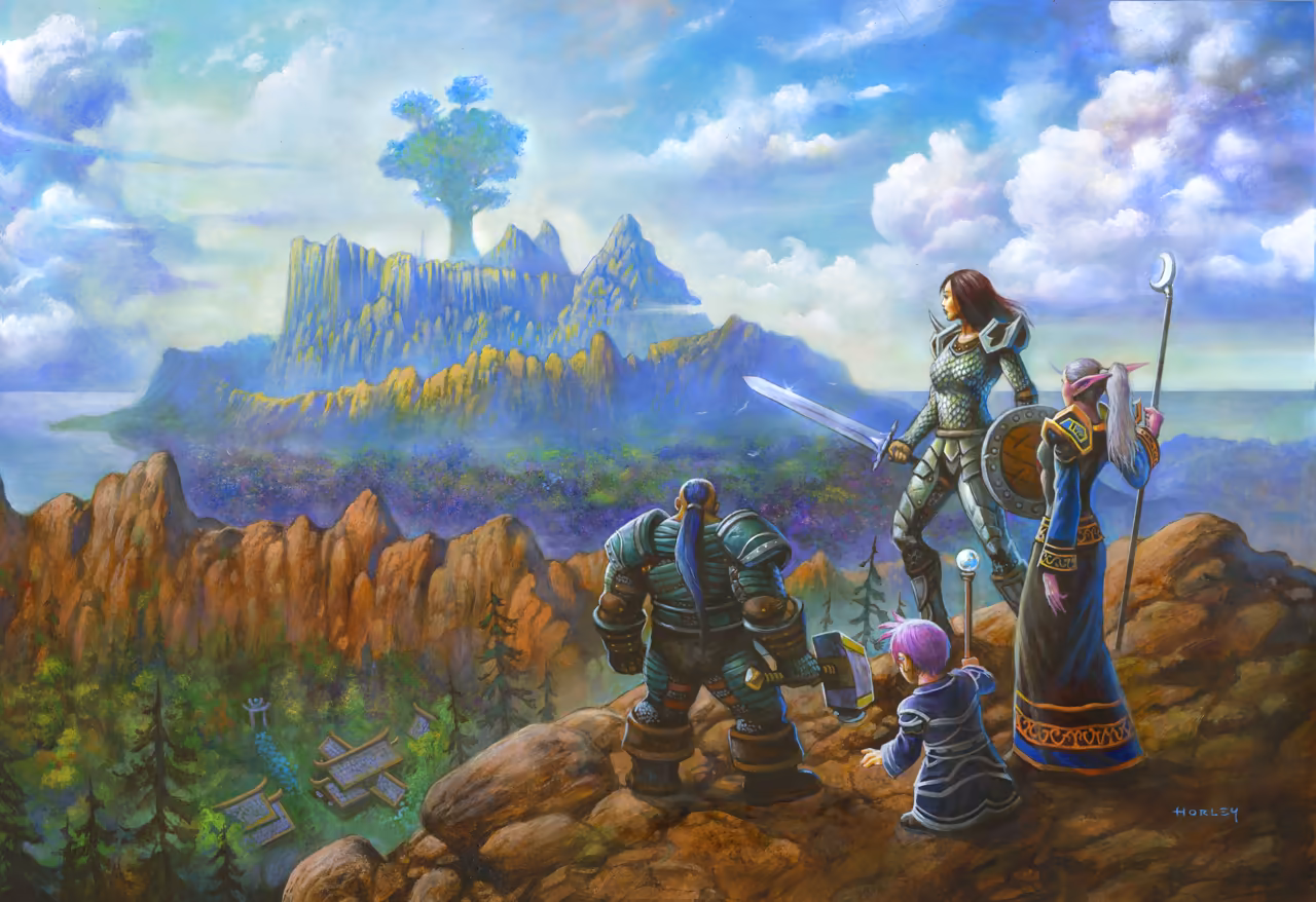 A painting of four adventurers seen from behind on a rocky outcrop: a stocky fighter in green plate with a blue ponytail and a hammer, a small purple-haired gnome with an orb-topped staff, a human woman in scale armor holding a sword and round shield, and a white-haired night elf in a long blue robe with a staff topped by a crescent moon. They look past red rock spires and a forest village toward a great tree on top of a distant mountain, with sea beyond, under a bright, cloudy sky.