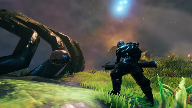 Screenshot of an armored Viking seen from behind holding a crossbow at the hip in bright green grass under a hazy purple sky, a red beetle-like creature clinging to a dark arch at left