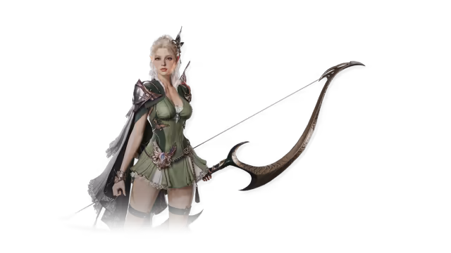 A young woman with fair hair tied up, in a green dress under brown leather shoulder armor and a white cape, holds a large ornate bow whose upper limb sweeps far out to the right, on an empty background.