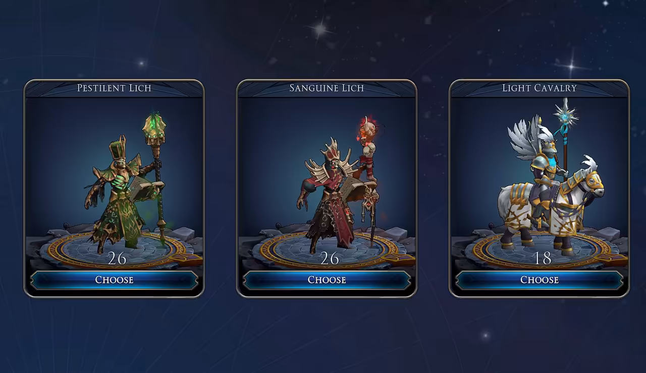 Three tall cards on a starry blue background. The left shows a green-robed lich with a staff, the middle a red-robed lich holding a book, and the right a knight on a white armored horse with wings on his helmet. Each card has its name at the top, a number of units and a blue Choose button.