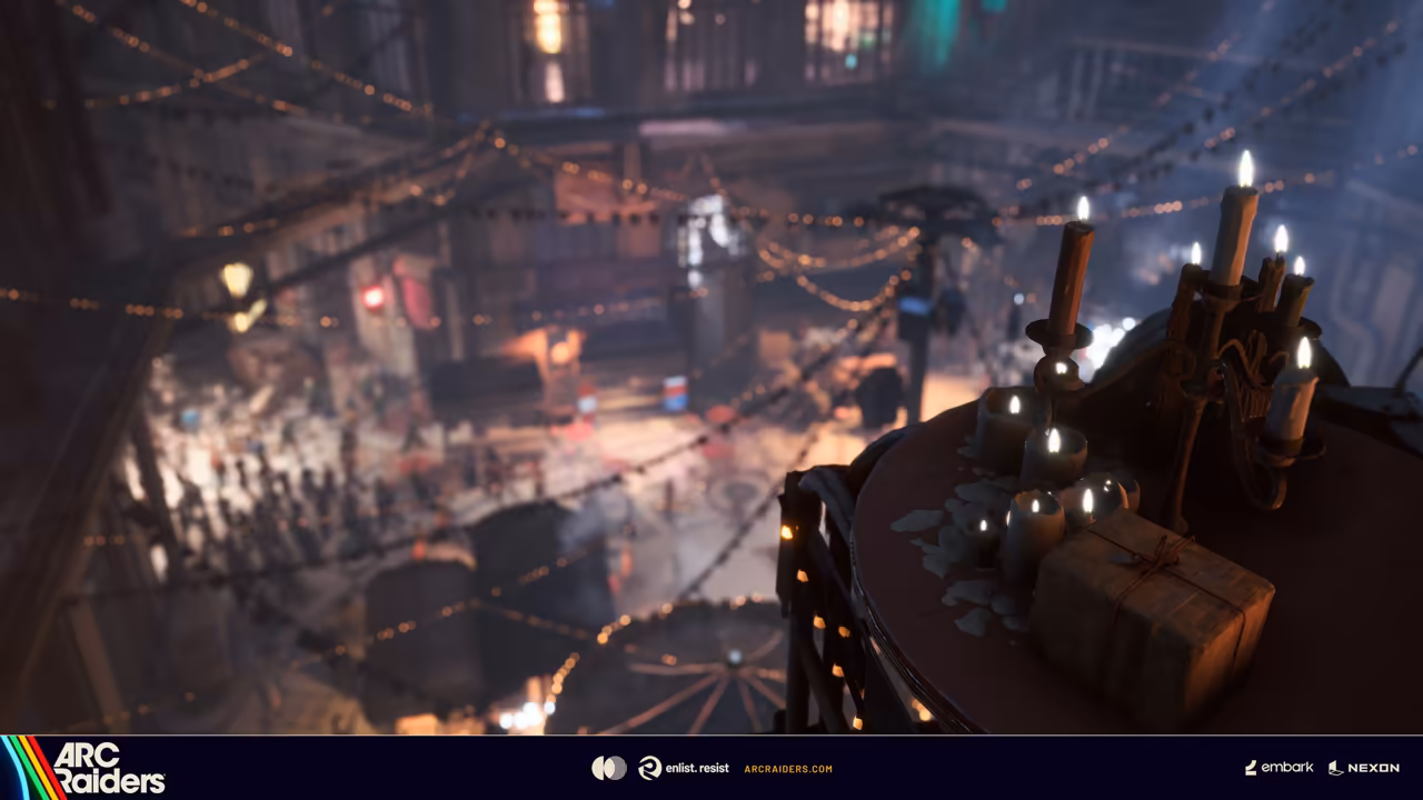 Blurred high view into a dim cavern town with strings of lights and many small figures.