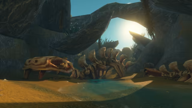 Sunlight shines through a large arch of wet gray rock onto a sandy cove, where huge pale rib bones and vertebrae of an enormous skeleton curve around a shallow pool. Long strands of seaweed hang from the rock above, and a small red crab sits at the water's edge.