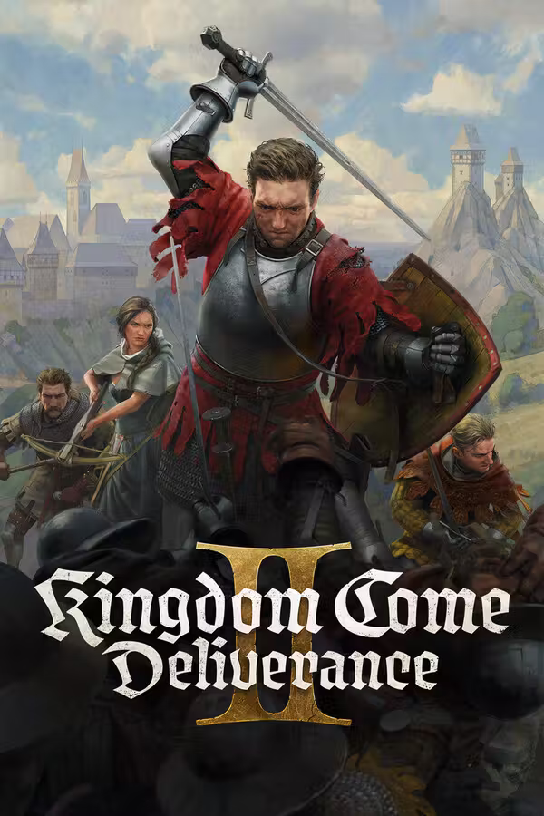 Tall painted cover: a man in plate armor and a red surcoat swings a sword above his head, a shield on his arm, with a woman with a crossbow and two armed men around him; castles on hills behind. Across the bottom, white blackletter text reads Kingdom Come Deliverance over a large gold numeral two.