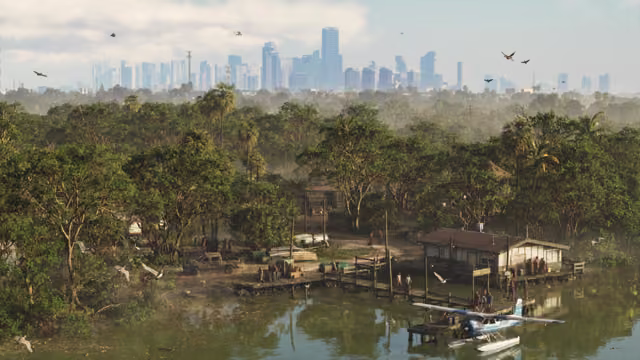 A misty stretch of swamp forest with a stilted wooden building, boardwalks and a moored seaplane on still water, wading birds in flight, and a distant city skyline on the horizon.