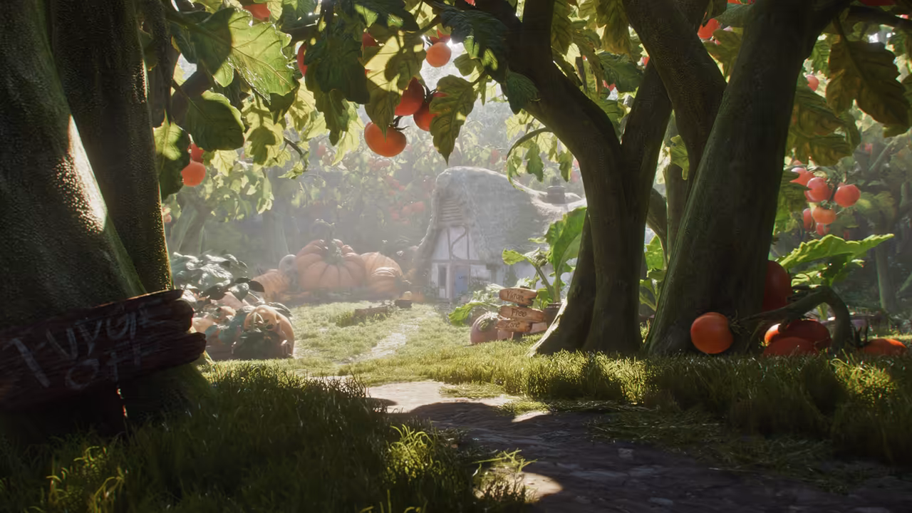 Soft hazy light under towering green stalks hung with tomatoes the size of boulders. Along a grassy path lie enormous orange pumpkins and squashes, and a small white cottage with a thick thatched roof and timber frame sits in the clearing beyond. A wooden signpost stands at the path, and a rough board with chalky painted letters leans at bottom left. No game interface is shown.