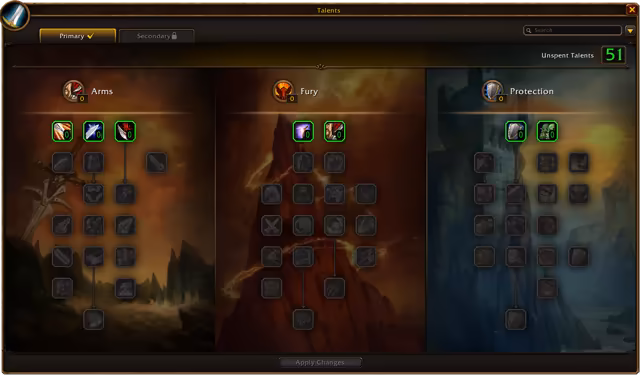 A Talents window with a Primary tab and a locked Secondary tab, and a counter reading Unspent Talents 51. Three columns of square talent icons sit on painted backgrounds: Arms over a sword in a sunlit canyon, Fury over a burning red rock spire and Protection over a stone tower in blue mist, with the first row of each tree lit in green and the rest grayed out above an Apply Changes button.