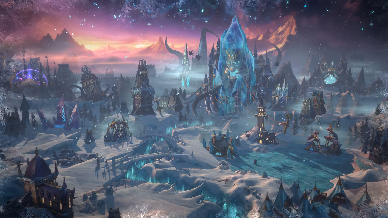 A frozen town under a starry sky fading from pink to violet. At its center a huge pale blue ice crystal holds a skull with horns, wrapped by black tentacles. Snowy ground, a glowing turquoise river of ice, dark spires, a purple dome on the left and tents at the bottom right fill the view.