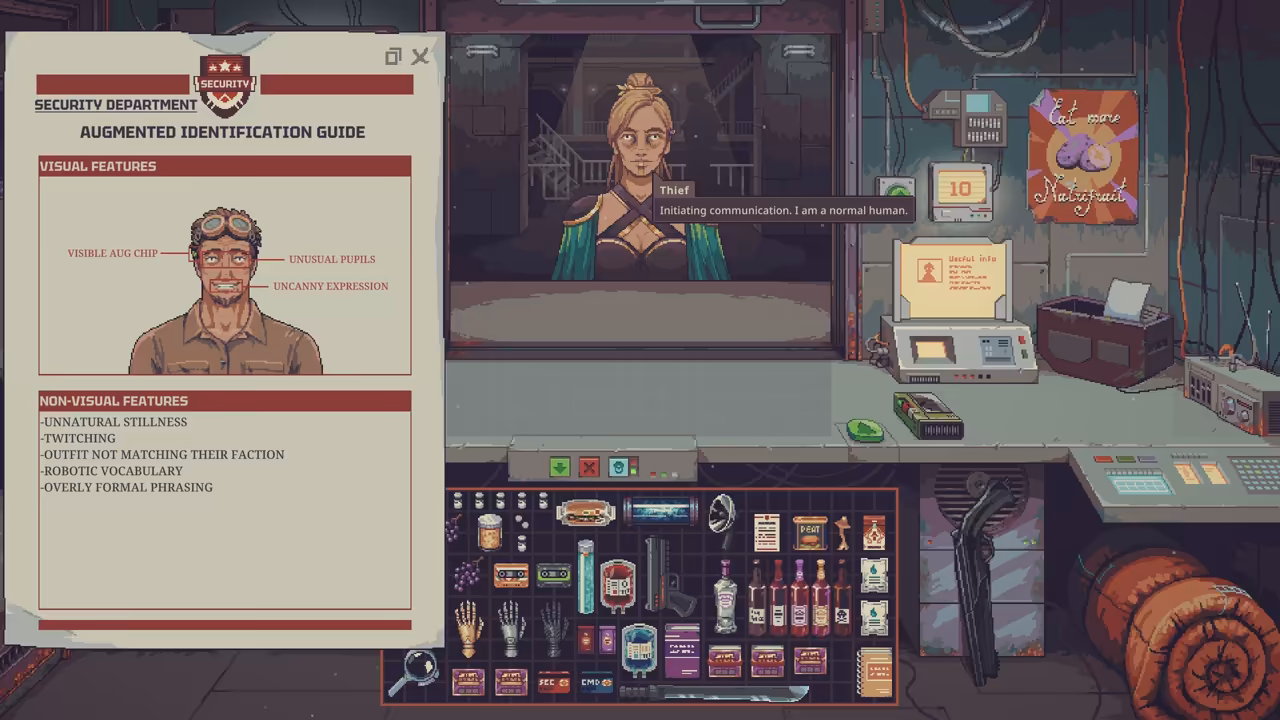 A red and cream Security Department document with a labeled portrait, beside a customer at the shop window.