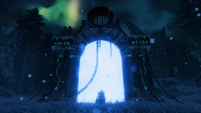 Screenshot of a massive stone archway hung with chains and glowing teal runes, its opening filled with bright blue light, a small silhouetted figure before it under green northern lights