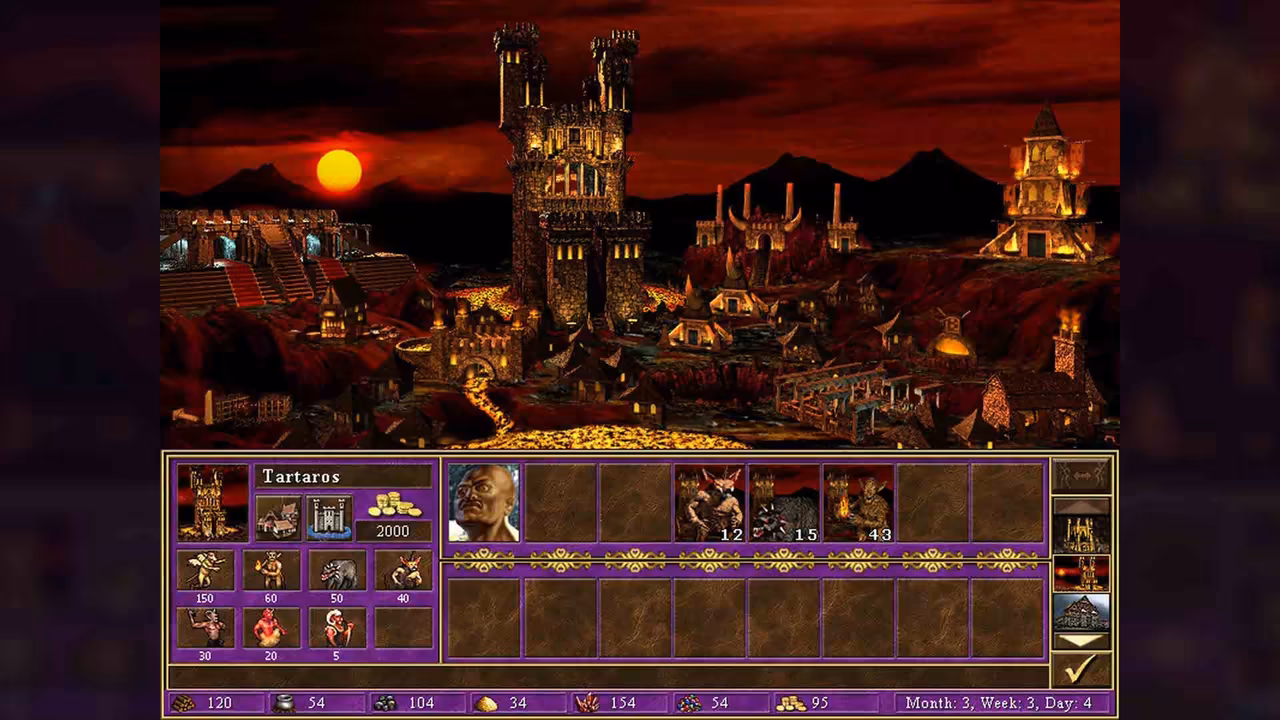 A town of dark spiky towers and buildings lit by orange fire under a deep red sky with a red sun on the horizon. Below is a purple panel titled Tartaros with creature portraits, gold 2000 and a hero with three creature stacks.