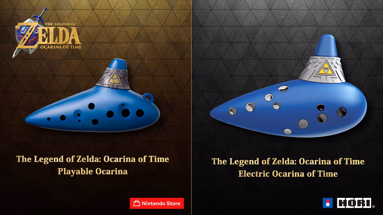 A split image. At left, on a gold triangle-patterned background under The Legend of Zelda: Ocarina of Time logo, a blue ocarina with a silver mouthpiece bearing the Triforce, captioned "The Legend of Zelda: Ocarina of Time Playable Ocarina" with a Nintendo Store badge. At right, on gray, a larger blue ocarina with the same mouthpiece, captioned "The Legend of Zelda: Ocarina of Time Electric Ocarina of Time" with the HORI logo.