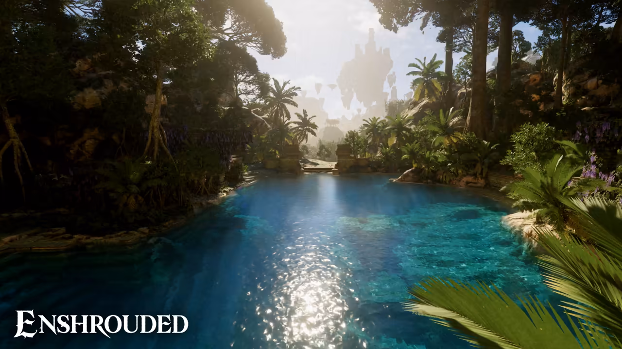 A calm turquoise river reflecting sunlight runs toward the viewer between banks of palms, ferns and tall trees. In the hazy distance beyond the jungle, pale rock formations seem to float in the air. The Enshrouded logo is at bottom left.