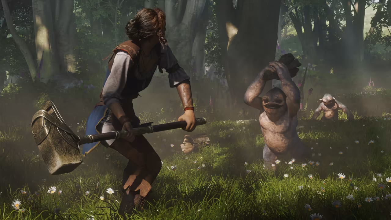 A woman with brown hair tied up, in a white shirt, brown vest and blue sash, runs forward gripping a heavy square-headed hammer on a long handle. Ahead in the grass, a squat, hairless, gray-pink creature with a wide grin lifts a wooden club in both hands, and a second one crouches farther back. Sunlit trees and white daisies surround them. No game interface is shown.