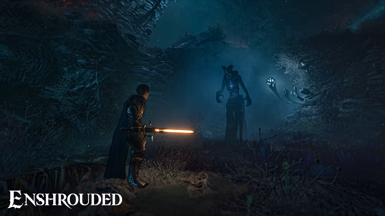 Dark blue fog among twisted coral-like growths. At left a figure in dark plate armor and a cape holds a sword that glows orange along its blade. Ahead stands a very tall, thin dark creature with small glowing eyes, and beside it pale ghostly hands float in the mist. The Enshrouded logo is at bottom right.