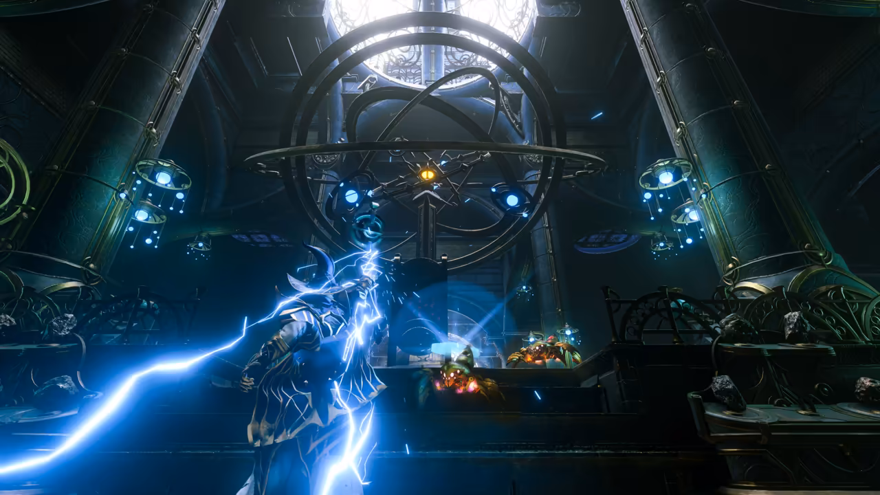 A huge, dim hall of dark stone columns with blue glowing lamps. A giant metal armillary sphere of rings hangs in the center beneath a round skylight. At left a figure in a pale robe and horned hood holds up a staff that crackles with bright blue lightning. On the steps ahead, small crab-like creatures with glowing orange and red backs scuttle forward. No game interface is shown.