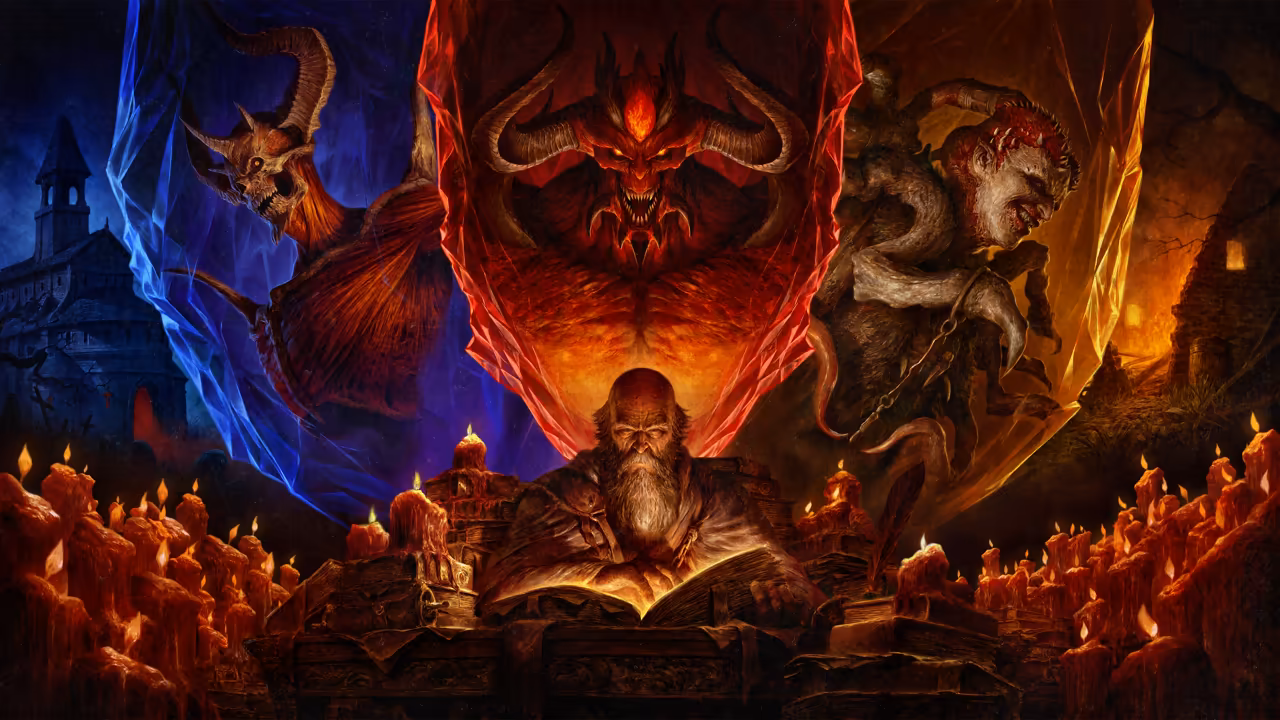 A painting of a white-bearded old man at a desk covered in melting candles, reading an open glowing book. Above him three demons appear in jagged crystal panels: blue at left, red in the center, gold at right, with a chapel and a cottage at the edges.