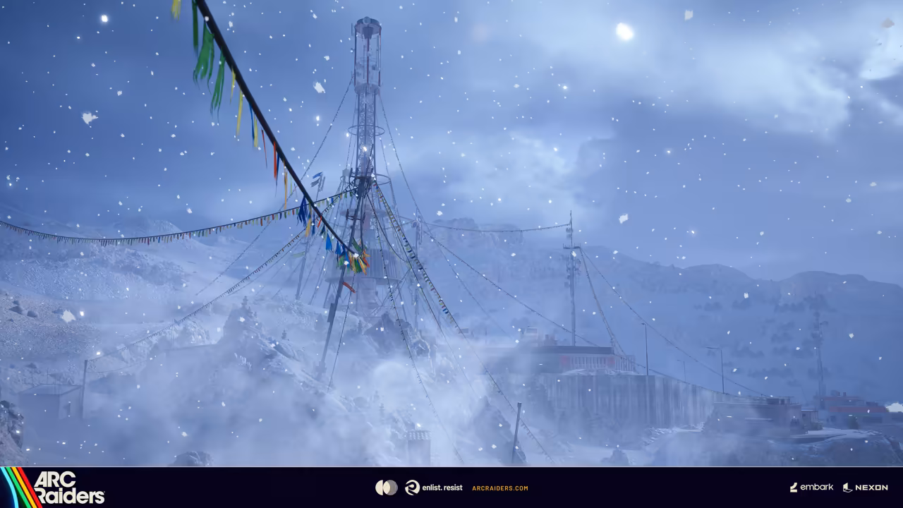 A cold blue scene: a lattice tower, ropes with small flags, and drifts.