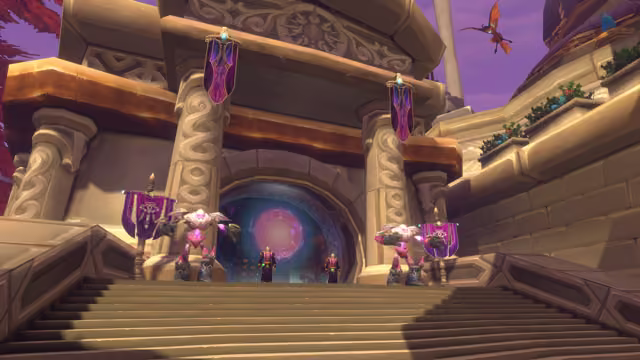 Sandstone steps lead up to a grand gateway with twisting carved pillars and purple banners marked with an eye, where two figures in purple robes stand in an archway filled with a swirling pink and blue rune circle. A bulky pink construct stands on each side, and an orange winged creature flies across the violet sky at top right.