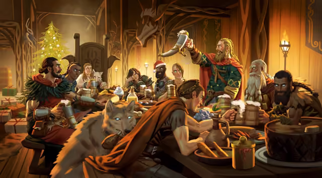 Painted key art of Vikings raising mugs and horns at a long table in a timber hall decorated for Yule, with a large gray wolf with glowing blue eyes chewing a drumstick in the foreground.
