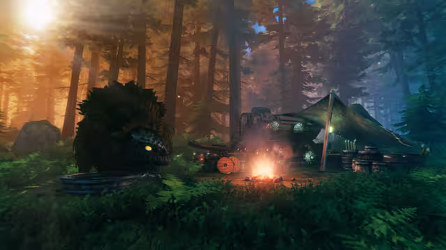 Sunlight slants through tall pines onto a forest camp: a shaggy lox lies at left beside a bowl, a campfire burns in the center and a canvas canopy covers a wagon with barrels at right