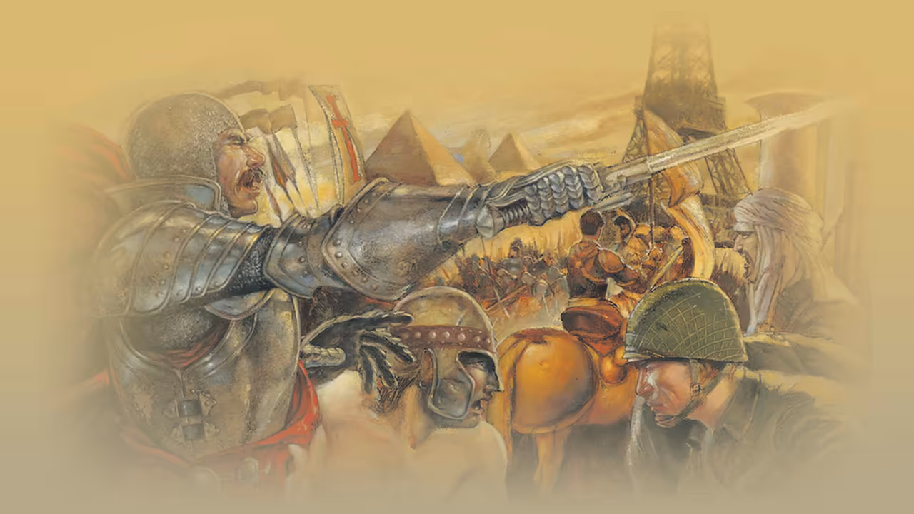 Painted sepia artwork. On the left a shouting knight in steel armor with a red cross on his shield thrusts a sword to the right. Below him a soldier in a bronze helmet and a modern soldier in a green helmet; behind them pyramids, a rider on horseback, a man in a white headscarf and a tall derrick in haze.