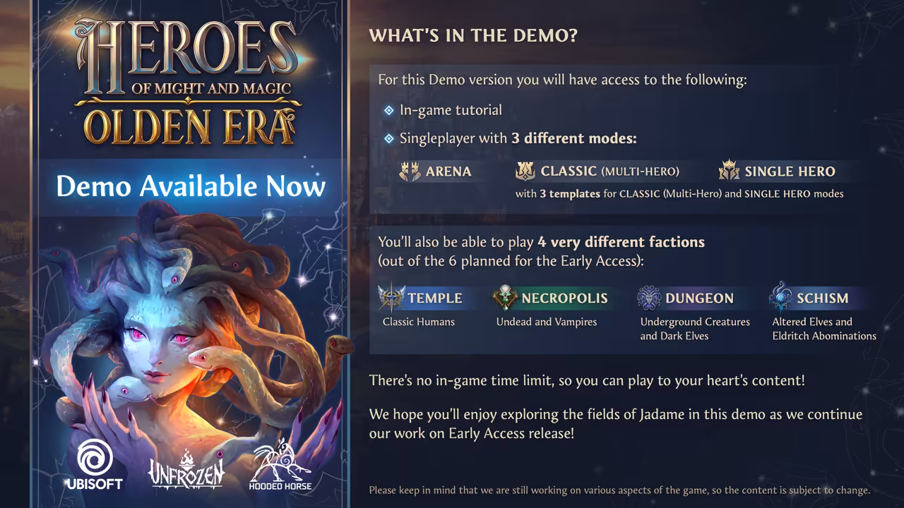 On the left, a tall panel with the game logo, the words Demo Available Now and a painting of a snake-haired woman above the Ubisoft, Unfrozen and Hooded Horse logos. On the right, dark blue boxes headed What is in the demo list the tutorial, three modes with icons, and four faction icons with short descriptions such as Classic Humans and Undead and Vampires.