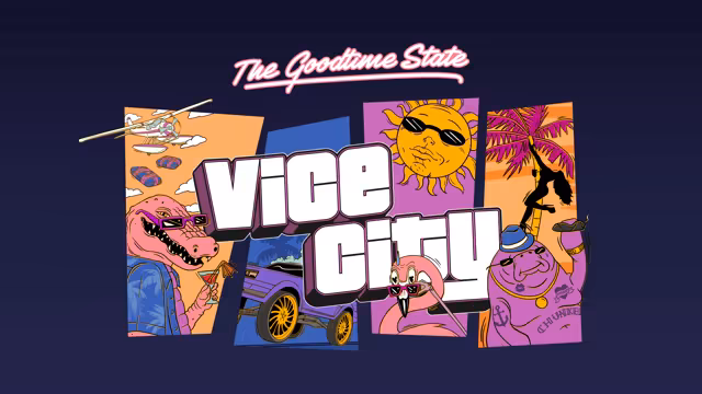 Comic-style panels in orange, blue, purple and pink sit behind big white Vice City lettering, under pink script reading The Goodtime State, on a dark navy background: a pink alligator in sunglasses and a palm-print shirt holds a cocktail below a seaplane dropping bundles, a purple lowrider rides on gold wheels, a sun wears sunglasses, a flamingo peers over pink sunglasses, a dancer is silhouetted on a palm tree, and a purple manatee in a hat holds a cigar, with Chunkee tattooed on its belly.