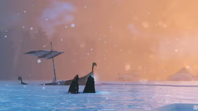 Screenshot of two dark-cloaked figures on pale blue ice in falling snow, a broken Viking longship with a torn sail frozen behind them under an orange sky