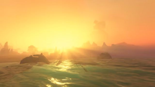 A low sun blazes through thick golden haze, sending rays across a sea of rolling, translucent green water. Two dark, broken wrecks jut from the waves, the outlines of submerged beams show beneath the surface, and a shore of rock spires and palm trees fades into the glow with a huge tree faint on a distant hill.