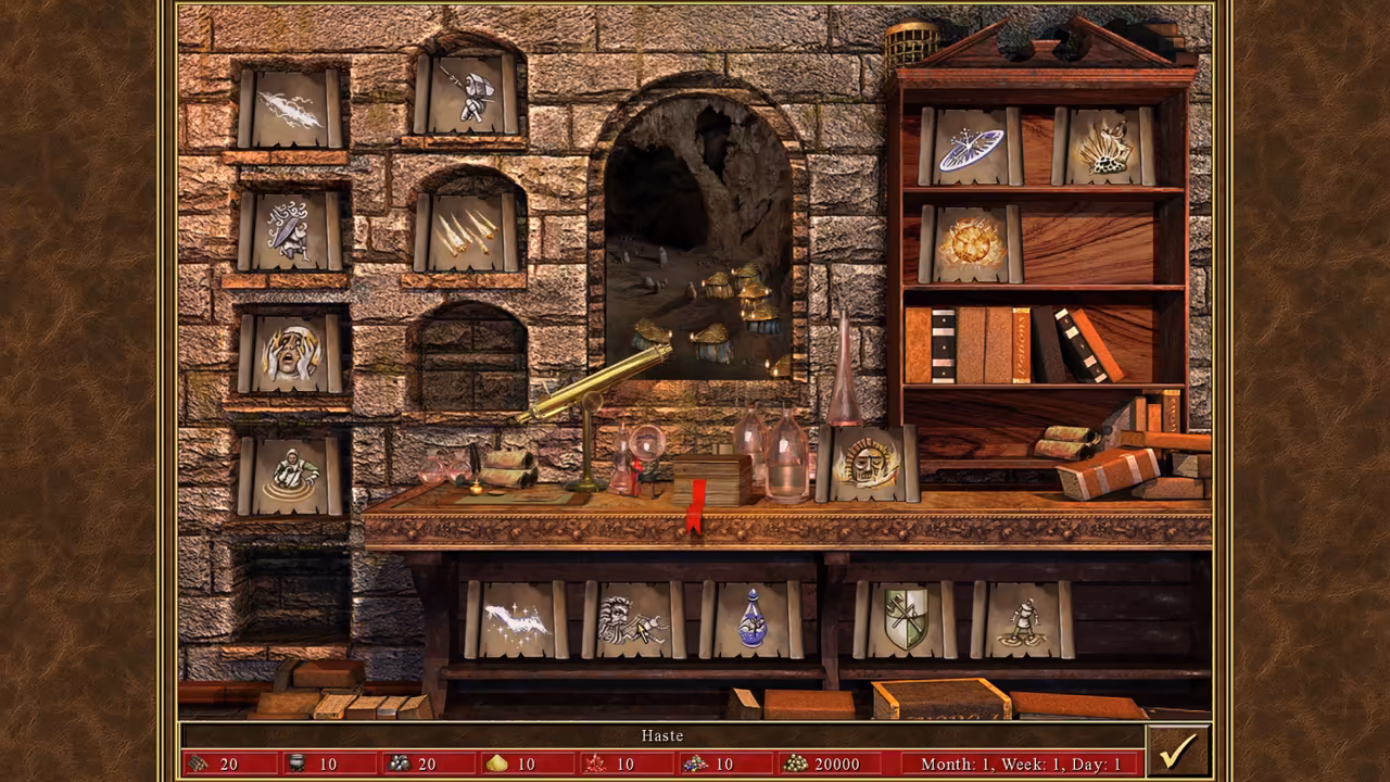 A stone room with arched niches in the wall, each holding a rolled scroll with a spell image. A wooden bookshelf at right holds more scrolls and books. A long desk in front carries a brass telescope, glass flasks and five more scrolls. The caption bar reads Haste.