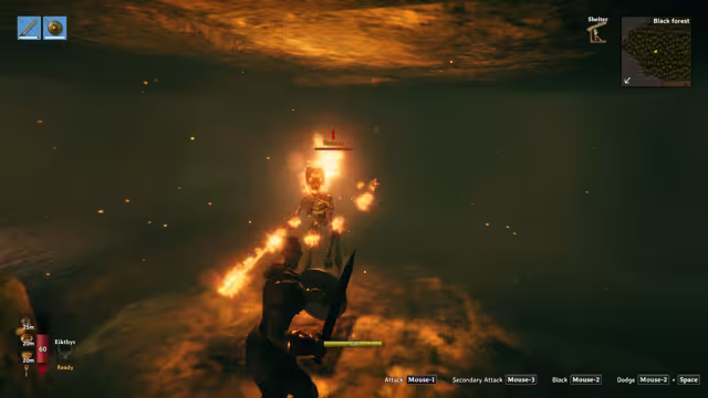 Inside a dark, ember-lit cave a Viking holding a sword and a round shield faces a flaming skeleton labeled Brenna; the HUD shows a Shelter icon at the top right and a Black forest minimap.