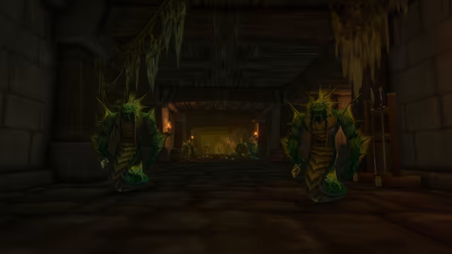 Two green, spined naga with serpent tails rise in the foreground of a long, dark corridor of stone walls and heavy wooden beams draped in hanging weed. More naga and scattered bones fill the far end, lit by wall torches, and a rack holding a polearm and a sword stands against the right-hand wall.