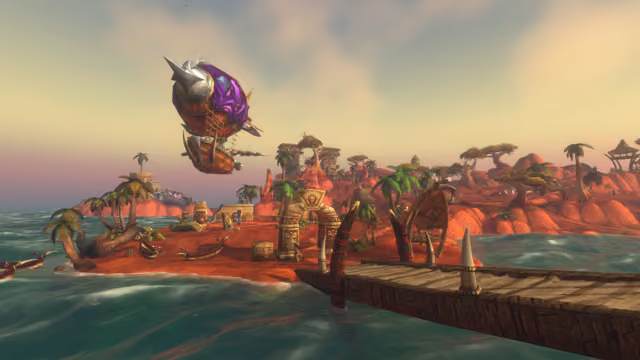 An airship with a patched purple balloon, a spiked metal nose and a wooden gondola floats above choppy green sea beside a small island of red sand. On the island stand palm trees, a stone archway topped with a carved face, crates and wooden canoes, and a wooden pier with tusk decorations juts into the foreground, with red cliffs, flat-topped trees and a thatched hut beyond.