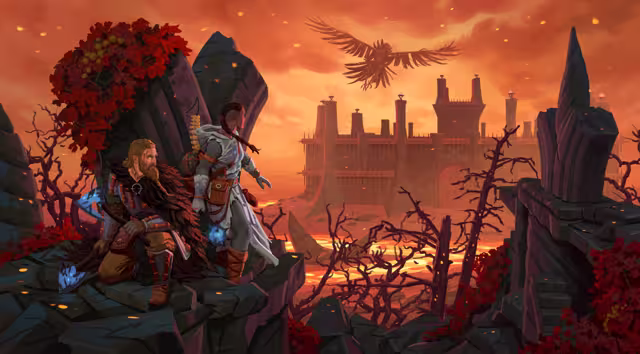 Painted key art of two Vikings in dark armor standing among burnt trees and red foliage, with a walled fortress and a flying raven in the background